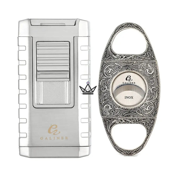 Pack Prestige Héritage Edition — Briquet Triple Torche Flamme Bleue & Guillotine Double Lame 24 mm | Argent Éternel · Or Vintage · Gris Original · Coffret Collection Inclus, Argent Éternel