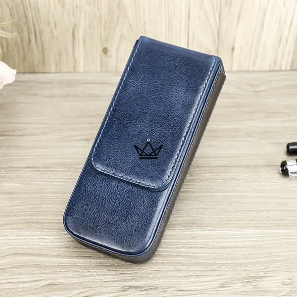 Personaliseerbare leren etui voor 3 pennen met uitneembaar plateau — Voyageur TERCET, Blauw