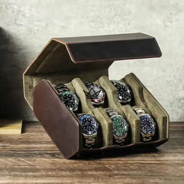 Etui de voyage personnalisable pour montre automatique en cuir — Voyageur Hexagone, 6 Montres