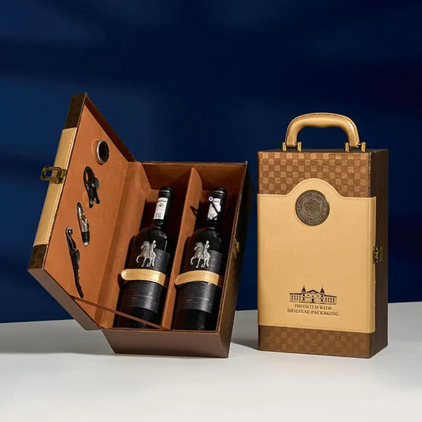 Geschenkset met 2 flessen wijn en sommelieraccessoires — SOMMELIER, Zandkleurig dambordpatroon