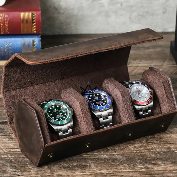 Etui de voyage personnalisable pour montre automatique en cuir — Voyageur Hexagone, 3 Montres