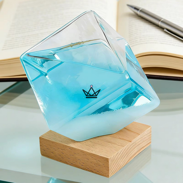 Kristallen kubus-barometer van glas op houten voet - VORST