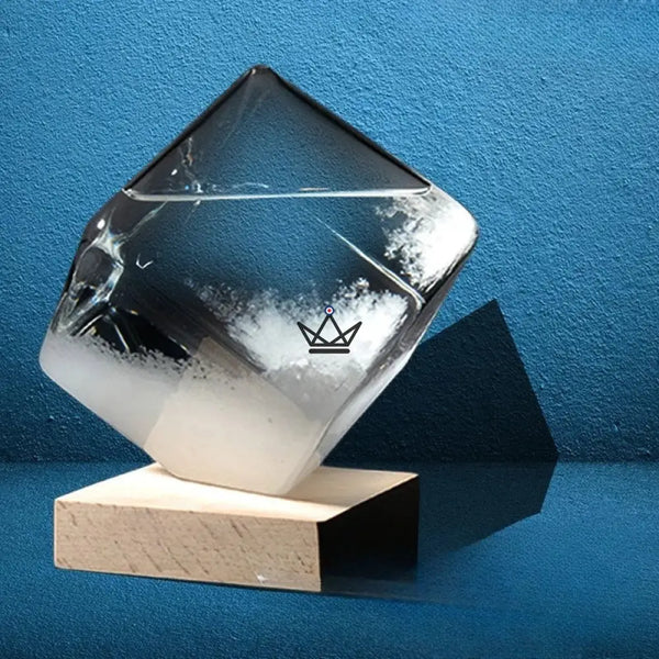 Kristallen kubus-barometer van glas op houten voet - VORST
