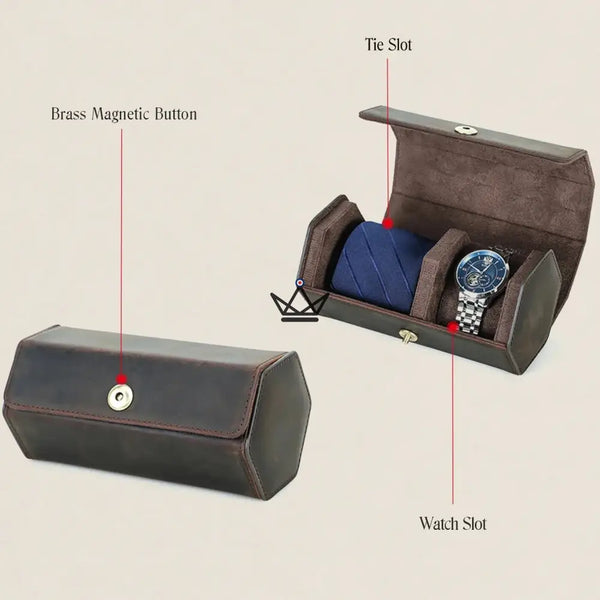 Personaliseerbare lederen reisfoedraal voor horloge en das - GENTLEMAN COMPACT reiziger