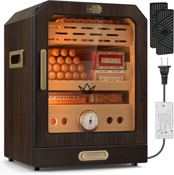 Cave à cigares Prestige Cedar Lux — cèdre, LED tactile, 100-150 cigares, tiroir vitré, 2 humidificateurs, hygromètre façade, Noyer ou Carbone – 14/15