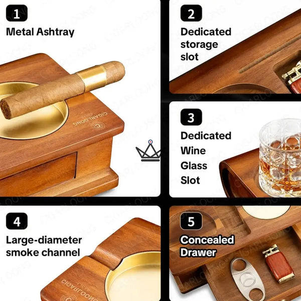 Massief houten sigarenasbak met whiskyhouder en lade - Whisky Butler