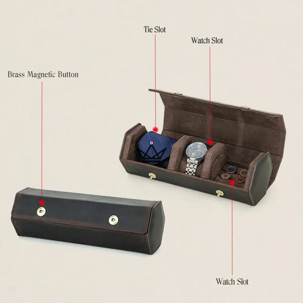 Personaliseerbare lederen reisetui voor horloges en das — GENTLEMAN-reiziger – 4/6
