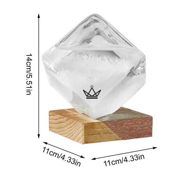 Kristallen kubus-barometer van glas op houten voet - VORST