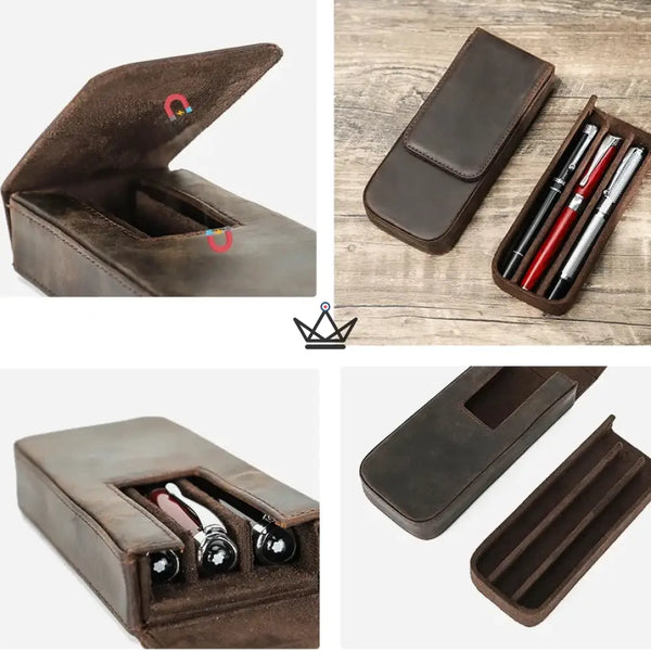 Personaliseerbare leren etui voor 3 pennen met uitneembaar plateau — Voyageur TERCET – 4/18