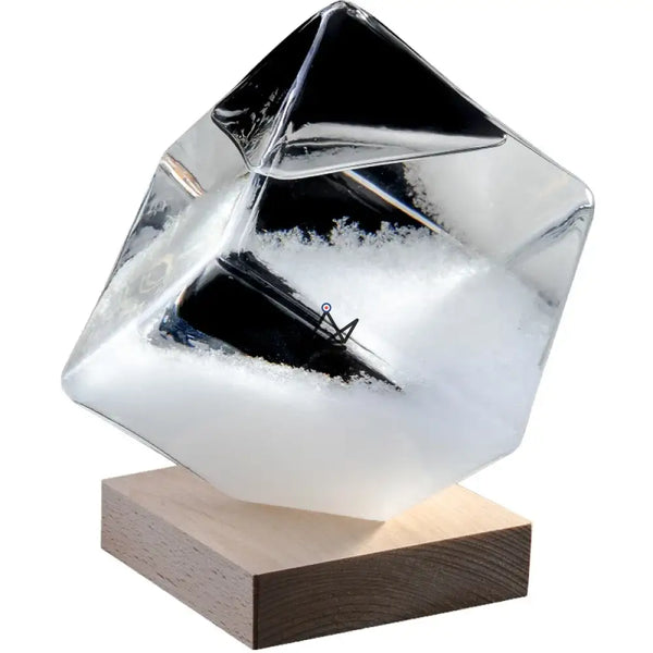 Kristallen kubus-barometer van glas op houten voet - VORST