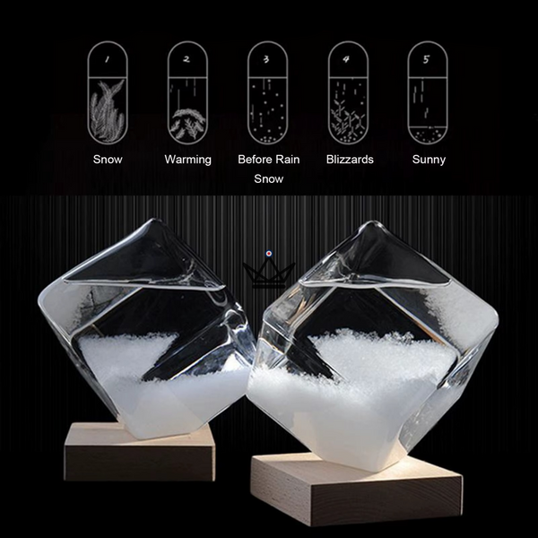 Kristallen kubus-barometer van glas op houten voet - VORST