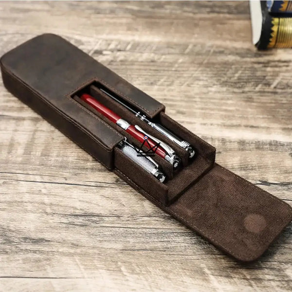 Personaliseerbare leren etui voor 3 pennen met uitneembaar plateau — Voyageur TERCET – 7/18