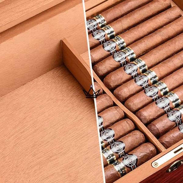 Cave à cigares Cèdre Aura — bois de rose & ormeau, 100 cigares, séparateurs cèdre ajustables, verrou doré – 5/8