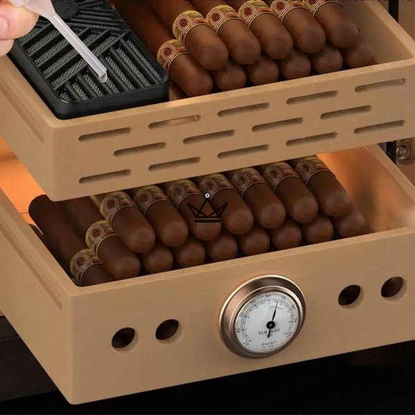 Cave à cigares Prestige Cedar Lux — cèdre, LED tactile, 100-150 cigares, tiroir vitré, 2 humidificateurs, hygromètre façade, Noyer ou Carbone – 13/15