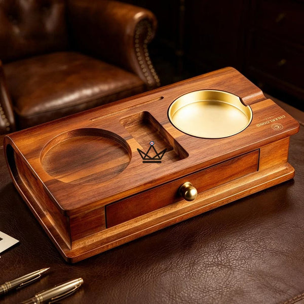 Massief houten sigarenasbak met whiskyhouder en lade - Whisky Butler