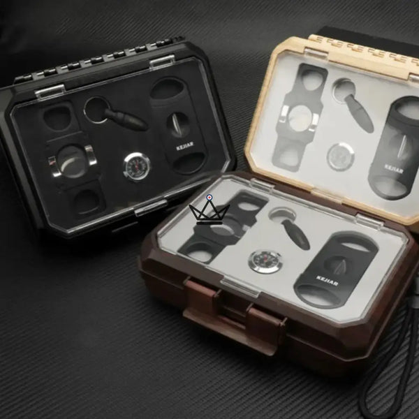 Coffret voyage cigare New Origin — mini-humidor portable, hygromètre & 5 accessoires intégrés – 9/16