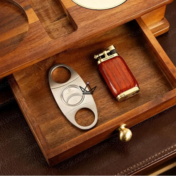 Massief houten sigarenasbak met whiskyhouder en lade - Whisky Butler