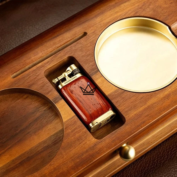 Massief houten sigarenasbak met whiskyhouder en lade - Whisky Butler
