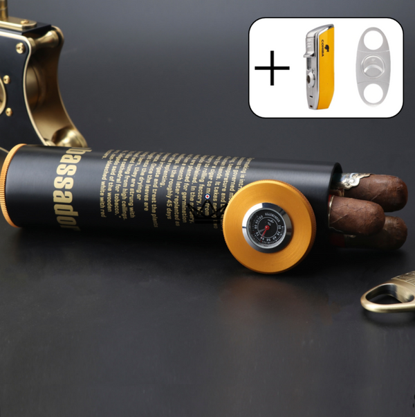 Cave à Cigare - LYROK TUBE aluminium solide voyage avec briquet et coupe cigare houdini cohiba