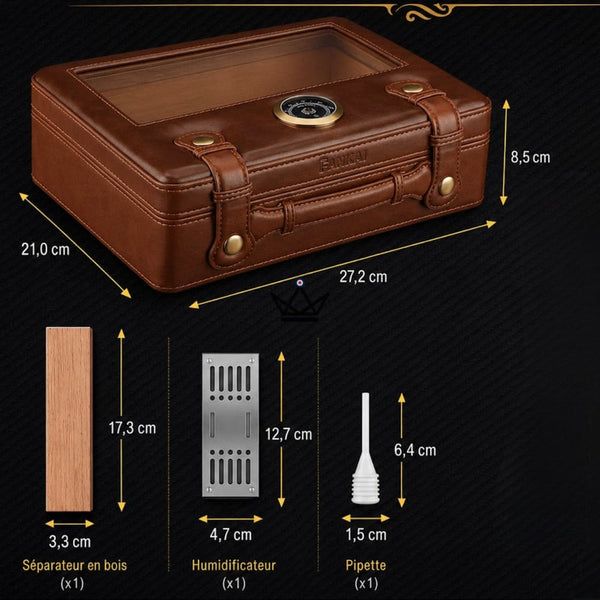 Cave à cigares Prestige Traveler — laiton doré, cèdre espagnol, 50 cigares, vitre, hygromètre & humidificateur à cristaux