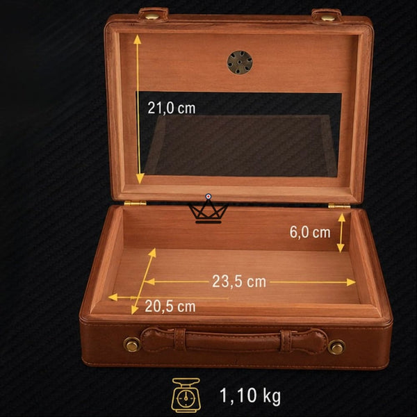 Cave à cigares Prestige Traveler — laiton doré, cèdre espagnol, 50 cigares, vitre, hygromètre & humidificateur à cristaux
