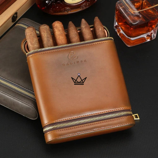 Etui de voyage cuir COHIBA ZIPY - 6 cigares portable luxe cadeau homme indispensable humidificateur inclus marron chocolat