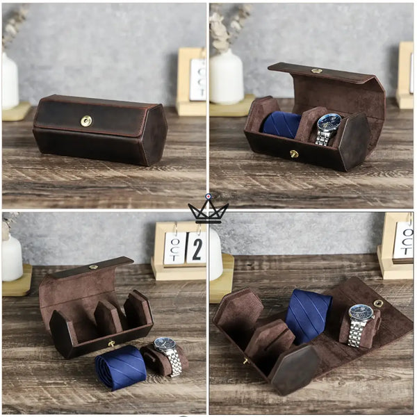Personaliseerbare lederen reisfoedraal voor horloge en das - GENTLEMAN COMPACT reiziger
