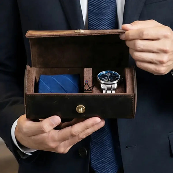 Personaliseerbare lederen reisfoedraal voor horloge en das - GENTLEMAN COMPACT reiziger