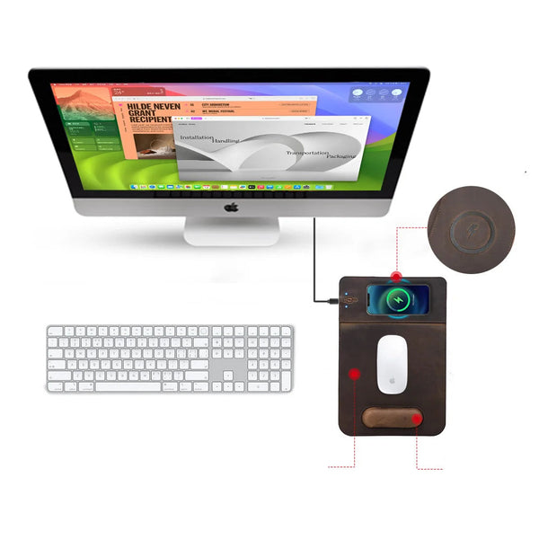 Tapis de souris personnalisable en cuir avec chargeur Sans Fil - Voyageur Magellan
