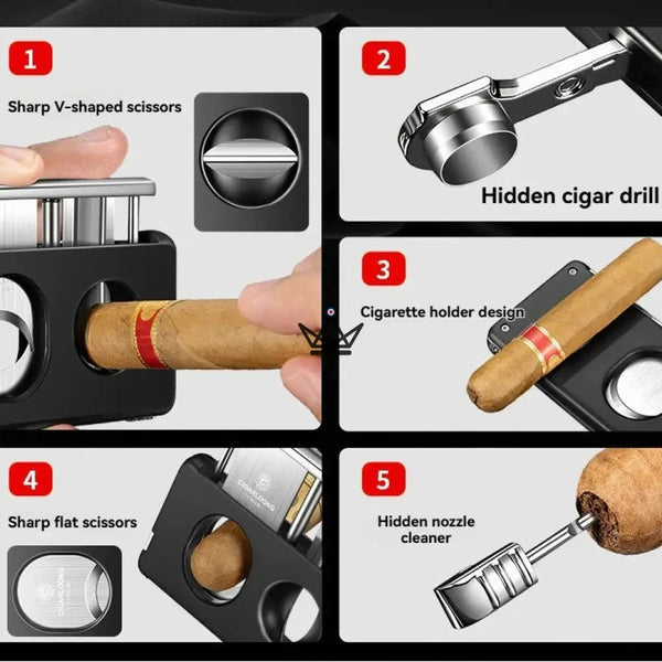 Coupe-Cigare Elite Slice — 3 Coupes en 1 (Droite, V, Poinçon), Acier Inoxydable & Résine Premium, 6 Finitions, Coffret Cadeau Inclus