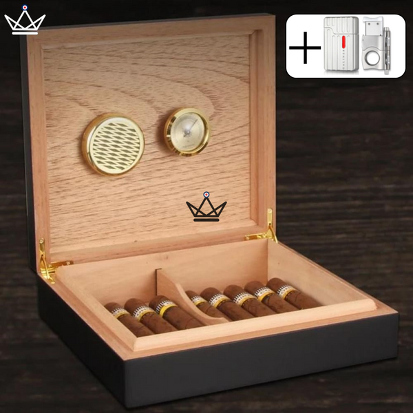 Cave à Cigares BLACK WOOD — Cèdre Espagnol, 20 Cigares, Hygromètre & Humidificateur