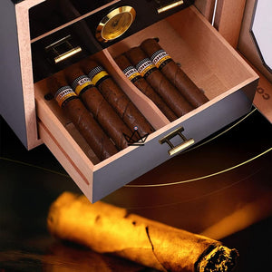 Cave à cigares J.Hoover — laqué noir, porte vitrée, cèdre espagnol, 3 tiroirs, hygromètre, 80 cigares - [] - Cave à cigare Out - Cadeau, Noël, Anniversaire, Original, Fête des pères, fête des mères - Atelier Atypique