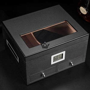 Cave à cigares DUNE PRESTIGE — cèdre espagnol, couvercle vitré, 2 tiroirs, hygromètre digital, 60 cigares · Carbon ou Rose Wood - ["maj-filtre"] - Cave à cigare TOP - Cadeau, Noël, Anniversaire, Original, Fête des pères, fête des mères - Atelier Atypique