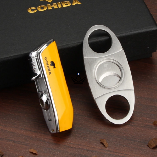 Pack Briquet et Coupe-Cigare COHIBA - HOUDINI débutant cadeau homme anniversaire fete des pere jaune