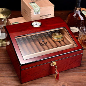 Cave à cigares Edition FIFTY Version LUXE — cèdre espagnol, vitre dessus, hygromètre façade, 50 cigares - [] - Cave à cigare - Cadeau, Noël, Anniversaire, Original, Fête des pères, fête des mères - Atelier Atypique